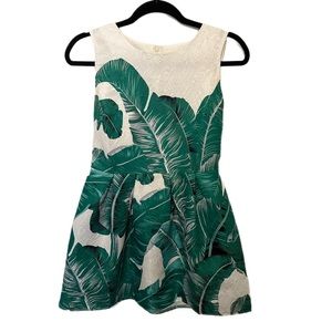White and green banana leaf mini dress